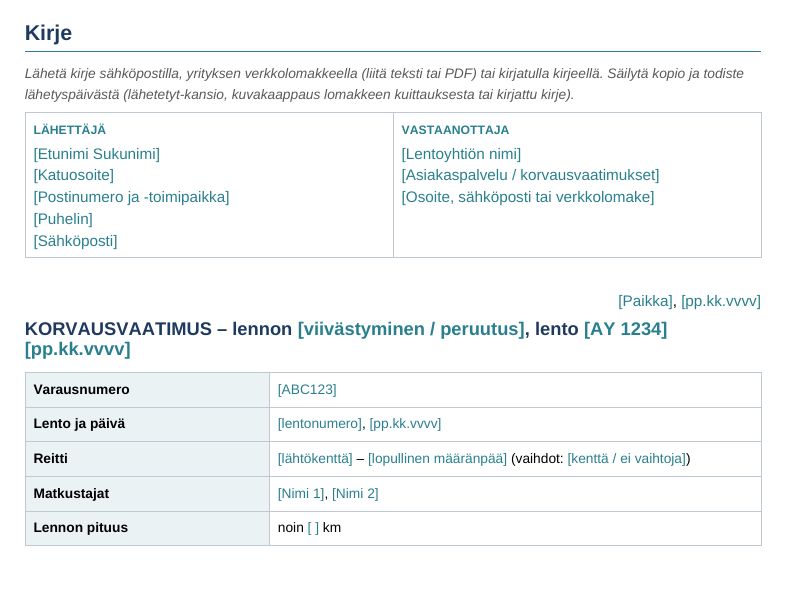 Esikatselu: Reklamaatio- ja korvausvaatimuspohjat, ensimmäinen välilehti esimerkkiluvuin